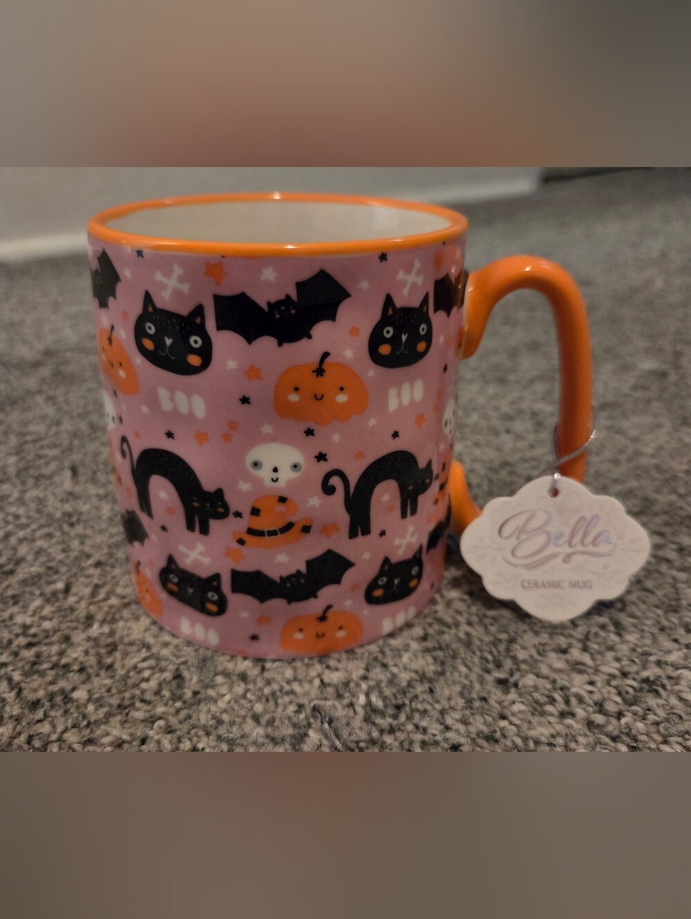 Black Cats Skulls Pumpkins Halloween Ceramic Mug - Pink & Orange
